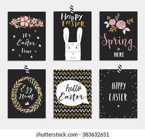 Set of 6 cute Easter greeting cards. Template for invitations, banners, planner, gift tags, diary, notes. Stylish spring design. Vector illustration. 