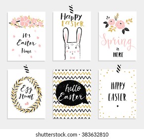 Set of 6 cute Easter greeting cards. Template for invitations, banners, planner, gift tags, diary, notes. Stylish spring design. Vector illustration. 