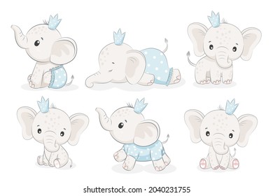 Set of 6 cute elephant boys. Vector illustration of a cartoo