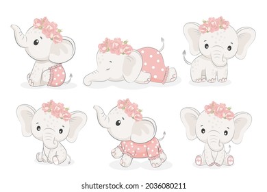 A set of 6 cute elephant girls. Vector illustration of a cartoon .