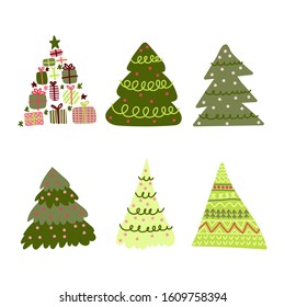 Set of 6 cute flat Christmas trees and gift boxes.