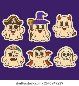 Set of 6 cute ghost characters in Halloween costumes. Perfect for clipart, sticker pack, party decor, or kids crafts. Retro pastel style, editable vector.