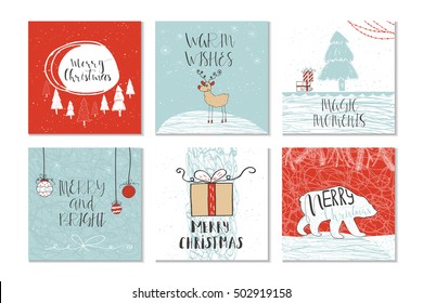 Set of 6 cute gift cards and hand drawn Christmas lettering. Can be used as poster with quote, T-shirt design or home decor element. Vector typography. Easy editable template.