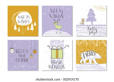 Set of 6 cute gift cards and hand drawn Christmas lettering. Can be used as poster with quote, T-shirt design or home decor element. Vector typography. Easy editable template.