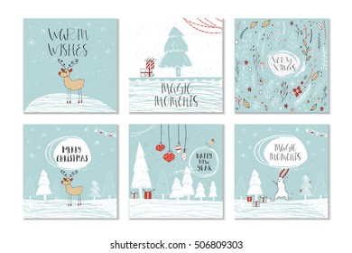 Set of 6 cute gift cards and hand drawn Christmas lettering. Can be used as poster with quote, T-shirt design or home decor element. Vector typography. Easy editable template.
