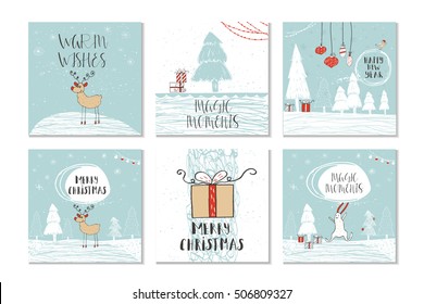 Set of 6 cute gift cards and hand drawn Christmas lettering. Can be used as poster with quote, T-shirt design or home decor element. Vector typography. Easy editable template.