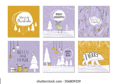 Set of 6 cute gift cards and hand drawn Christmas lettering. Can be used as poster with quote, T-shirt design or home decor element. Vector typography. Easy editable template.