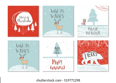 Set of 6 cute gift cards and hand drawn Christmas lettering. Can be used as poster with quote, T-shirt design or home decor element. Vector typography. Easy editable template.