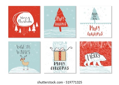 Set of 6 cute gift cards and hand drawn Christmas lettering. Can be used as poster with quote, T-shirt design or home decor element. Vector typography. Easy editable template.