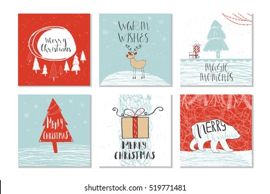 Set of 6 cute gift cards and hand drawn Christmas lettering. Can be used as poster with quote, T-shirt design or home decor element. Vector typography. Easy editable template.