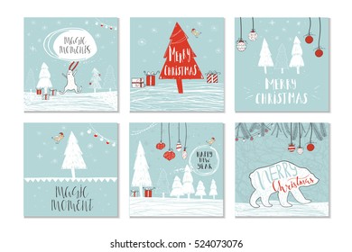Set of 6 cute gift cards and hand drawn Christmas lettering. Can be used as poster with quote, T-shirt design or home decor element. Vector typography. Easy editable template.