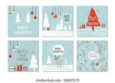 Set of 6 cute gift cards and hand drawn Christmas lettering. Can be used as poster with quote, T-shirt design or home decor element. Vector typography. Easy editable template.