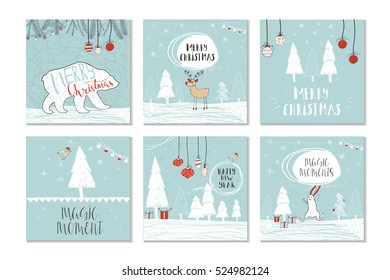 Set of 6 cute gift cards and hand drawn Christmas lettering. Can be used as poster with quote, T-shirt design or home decor element. Vector typography. Easy editable template.