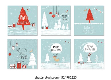 Set of 6 cute gift cards and hand drawn Christmas lettering. Can be used as poster with quote, T-shirt design or home decor element. Vector typography. Easy editable template.