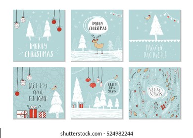 Set of 6 cute gift cards and hand drawn Christmas lettering. Can be used as poster with quote, T-shirt design or home decor element. Vector typography. Easy editable template.