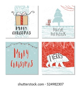 Set of 6 cute gift cards and hand drawn Christmas lettering. Can be used as poster with quote, T-shirt design or home decor element. Vector typography. Easy editable template.