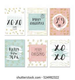 Set of 6 cute gift cards and hand drawn Christmas lettering. Can be used as poster with quote, T-shirt design or home decor element. Vector typography. Easy editable template.