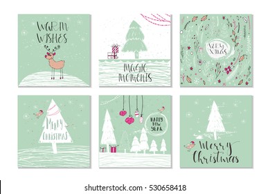 Set of 6 cute gift cards and hand drawn Christmas lettering. Can be used as poster with quote, T-shirt design or home decor element. Vector typography. Easy editable template.