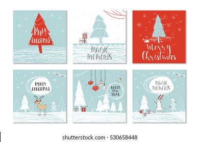 Set of 6 cute gift cards and hand drawn Christmas lettering. Can be used as poster with quote, T-shirt design or home decor element. Vector typography. Easy editable template.