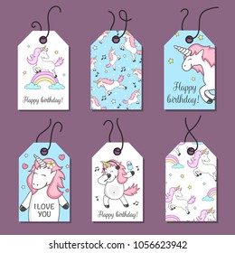 Set of 6 cute gift tags and greeting cards with unicorns.