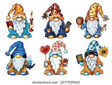 Set of 6 cute gnomes with accessories in blue clothes. Vector EPS illustration for stickers, creating patterns, wallpaper, wrapping paper, 
postcards, design template, fabric, clothing.