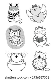 Set of 6 cute kawaii cats, isolated on white for coloring, stickers, cards, labels and tags. Minimal style