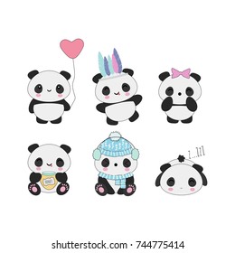 Conjunto de 6 ursos de panda kawaii bonitos com rostos engraçados, bom para adesivos, remendos, etc.