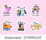 A set of 6 cute LGBT stickers with dogs for Pride Month. Funny hand-drawn vector illustration.