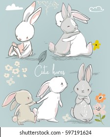 set with 6 cute little cartoon hares