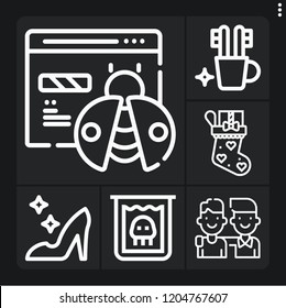 Set of 6 cute outline icons such as sock, tooth brush, cinderella, creature, friendship