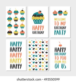 Set of 6 cute owl creative cards templates with Happy birthday theme design. Hand Drawn card for birthday, anniversary, party invitations, scrapbooking. Vector illustration