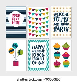 Set of 6 cute owl creative cards templates with Happy birthday theme design. Hand Drawn card for birthday, anniversary, party invitations, scrapbooking. Vector illustration