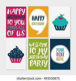 Set of 6 cute owl creative cards templates with Happy birthday theme design. Hand Drawn card for birthday, anniversary, party invitations, scrapbooking. Vector illustration