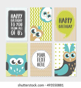 Set of 6 cute owl creative cards templates with Happy birthday theme design. Hand Drawn card for birthday, anniversary, party invitations, scrapbooking. Vector illustration