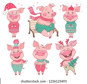 Set of 6 cute pigs with emotions of joy, happiness, in love. Pigs are dressed in hats, a sweater, pants. Cheerful vector illustration for design of the New Year and Christmas. Symbol of the year 2019.