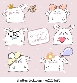 Set of 6 cute rabbits. illustration set for baby fashion