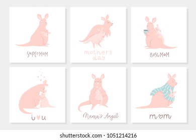Set of 6 cute ready-to-use gift postcard with adorable mother kangaroo and her child. Postcard, poster, invitation design. Happy Mothers' Day greeting cards lettering collection! Vector illustration.