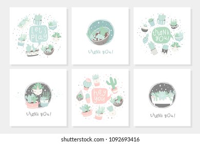 Set of 6 cute ready-to-use gift romantic postcards with succulents. Vector printable template design collection of  cards, invitations, posters in pastel colors with pretty trendy cacti houseplants