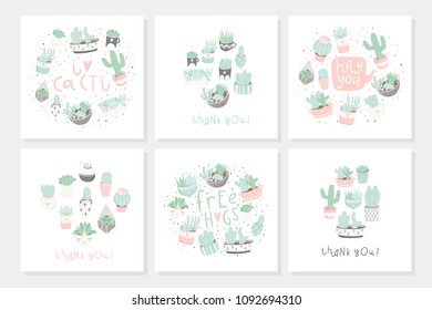 Set of 6 cute ready-to-use gift romantic postcards with succulents. Vector printable template design collection of  cards, invitations, posters in pastel colors with pretty trendy cacti houseplants