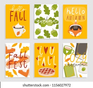 Set of 6 cute ready-to-use gift cute postcards with leaves, cups, pumpkins and other autumn elements. Vector printable collection of Autumn card, invitation, poster in bright colors template design