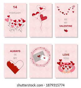 Set of 6 cute ready-to-use gift romantic postcards with Hearts. Bouquet of Hearts, mail Letters and birds which are Bringing Lights. 14 February, be my Valentine. Flat Vector Illustration.