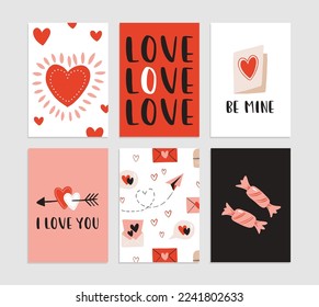 Set of 6 cute ready-to-use gift romantic postcards. Gifts, hearts, cups. Vector printable collection of Valentine's Day card, invitation, poster in gentle colors template design
