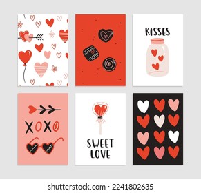 Set of 6 cute ready-to-use gift romantic postcards. Gifts, hearts, cups. Vector printable collection of Valentine's Day card, invitation, poster in gentle colors template design