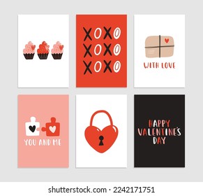 Set of 6 cute ready-to-use gift romantic postcards. Gifts, hearts, cups and hand drawn lettering. Vector printable collection of Valentine's Day doodle card, invitation, poster