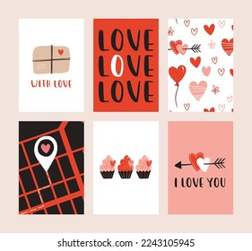 Set of 6 cute ready-to-use gift romantic postcards. Gifts, hearts, cups and hand drawn lettering. Vector printable collection of Valentine's Day doodle card, invitation, poster