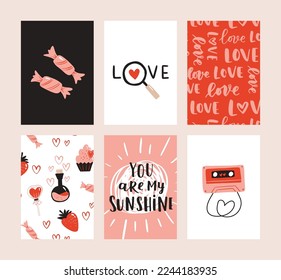 Set of 6 cute ready-to-use gift romantic postcards. Gifts, hearts, cups and hand drawn lettering. Vector printable collection of Valentine's Day doodle card, invitation, poster