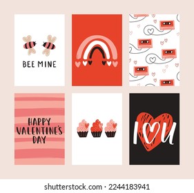 Set of 6 cute ready-to-use gift romantic postcards. Gifts, hearts, cups and hand drawn lettering. Vector printable collection of Valentine's Day doodle card, invitation, poster