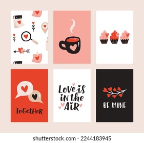 Set of 6 cute ready-to-use gift romantic postcards. Gifts, hearts, cups and hand drawn lettering. Vector printable collection of Valentine's Day doodle card, invitation, poster