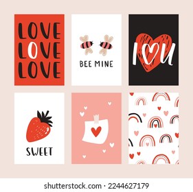 Set von 6 niedlichen, gebrauchsfertigen Geschenkgutscheinen. Geschenke, Herzen, Tassen und handgezeichnete Schriften. Vektor druckbare Sammlung von Valentinstag-Doodle-Karte, Einladung, Poster