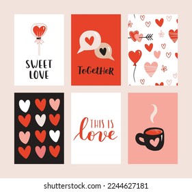 Set of 6 cute ready-to-use gift romantic postcards. Gifts, hearts, cups and hand drawn lettering. Vector printable collection of Valentine's Day doodle card, invitation, poster